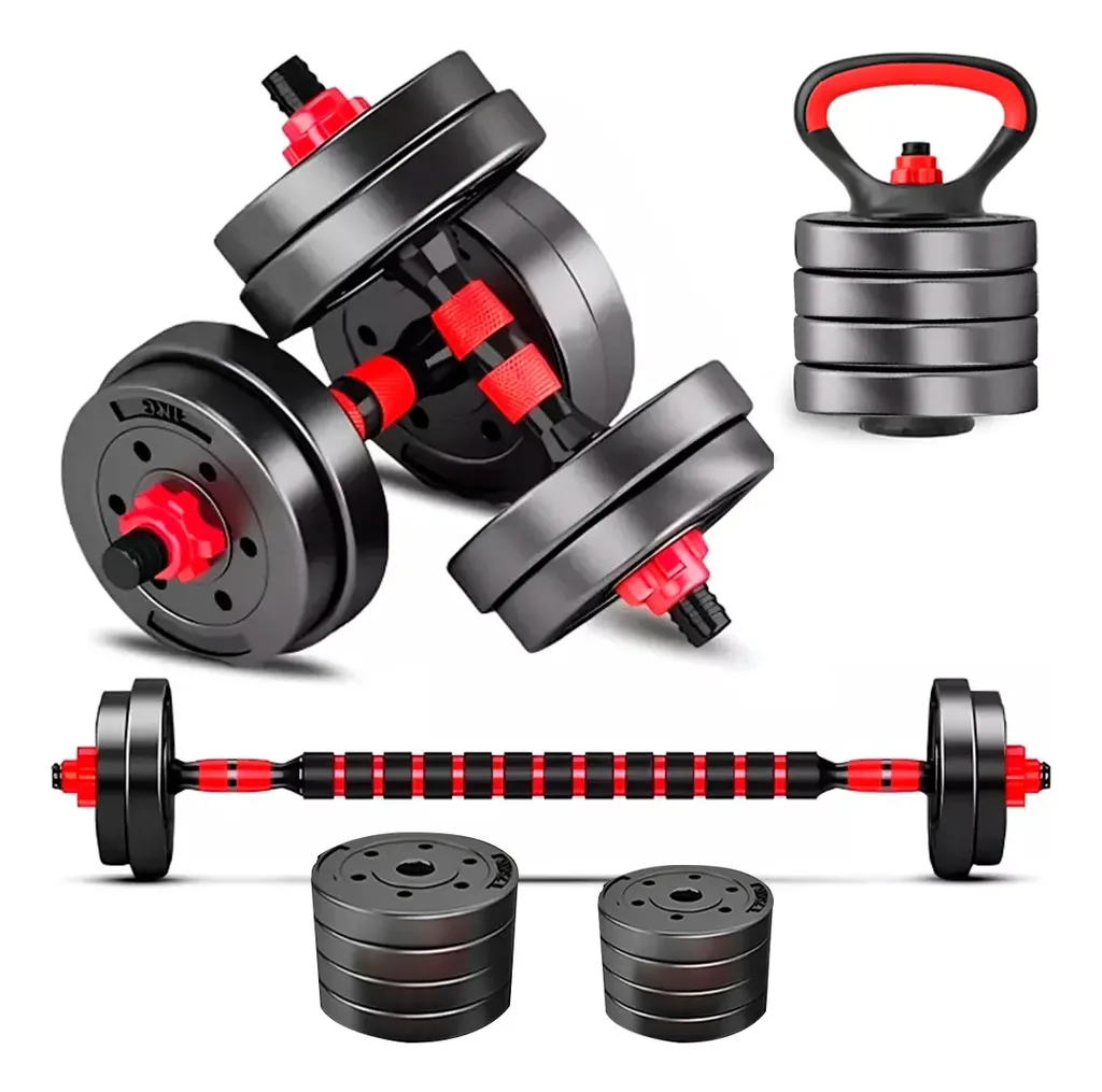 Kit de halteres ALS Sports de 15 kg: dois halteres de anilhas pretas, kettlebell montado e barras de conexão