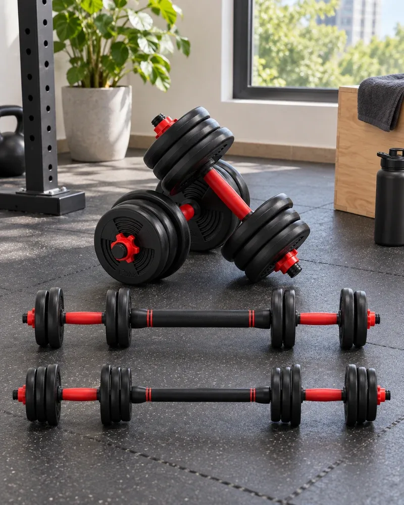 Kit ALS Sports de 15 kg no chão de um canto de treino em casa, com halteres, kettlebell e barras de conexão