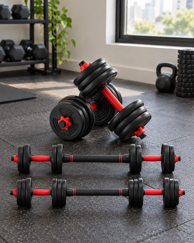 Kit KNACK de 15 kg montado no piso de borracha de um cantinho de treino: dois halteres, kettlebell e as barras ao lado
