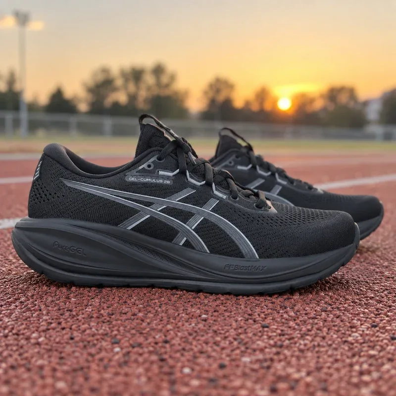 ASICS GEL-Cumulus 28 preto numa pista de atletismo, com o sol se pondo atrás