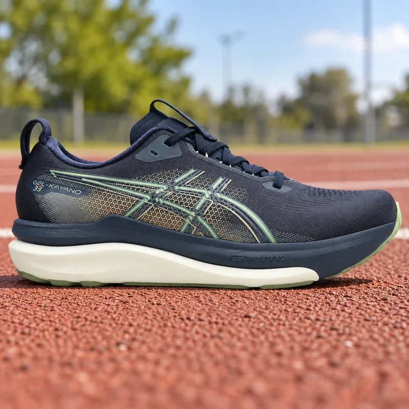 ASICS GEL-Kayano 33 azul-marinho com detalhes verdes sobre uma pista de atletismo