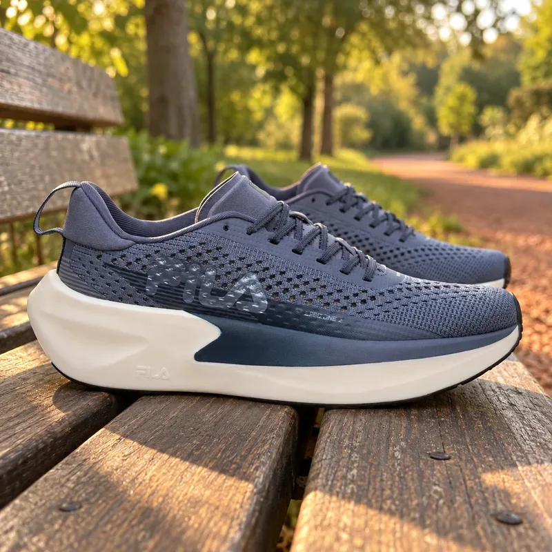FILA Speedzone 2 azul-escuro apoiado num banco de madeira à beira da pista de um parque, com luz de fim de tarde